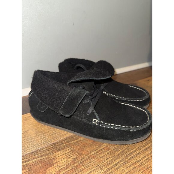 American Eagle Black Genuine Cow Suede Faux Fur Ankle Moccasin Booties Sz 9 - Picture 1 of 14